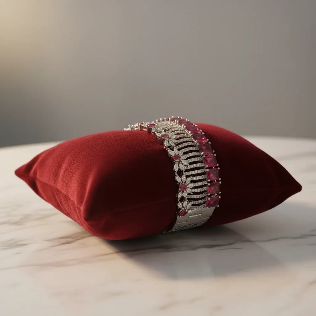 Royal Ruby Cascade Diamond-Style Bracelet – Silver-Tone Luxury Statement Cuff