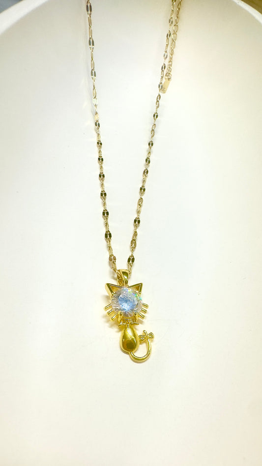 Crystal Cat Charm Pendant Necklace – Stainless Steel