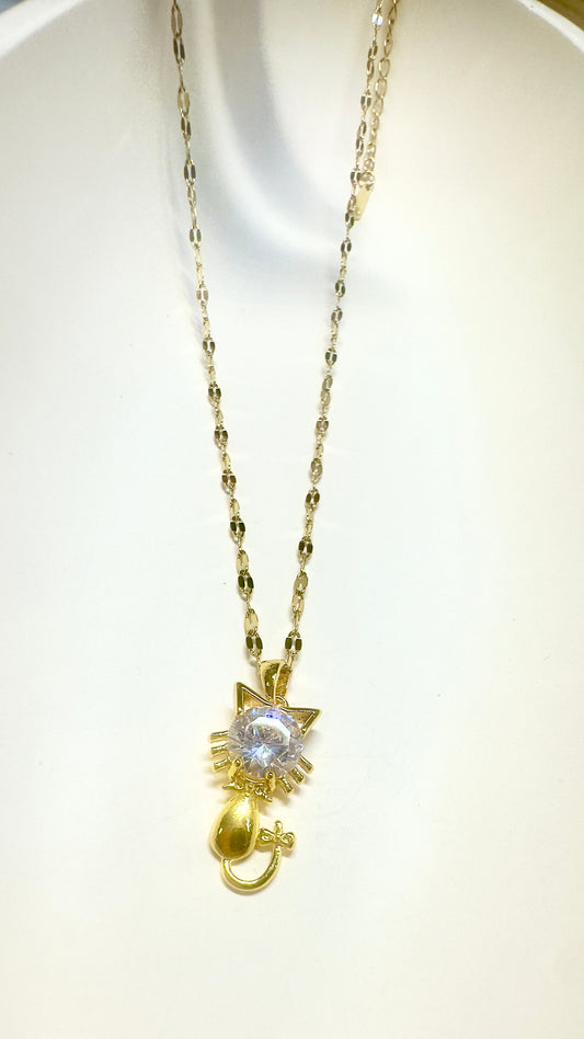Crystal Cat Charm Pendant Necklace – Stainless Steel