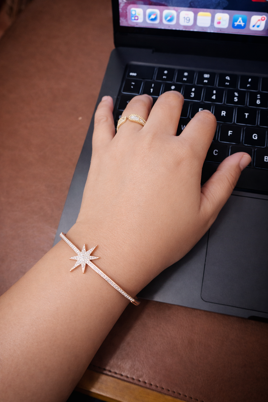 Rose Gold Starburst Crystal Bangle – Stainless Steel Open Cuff Bracelet