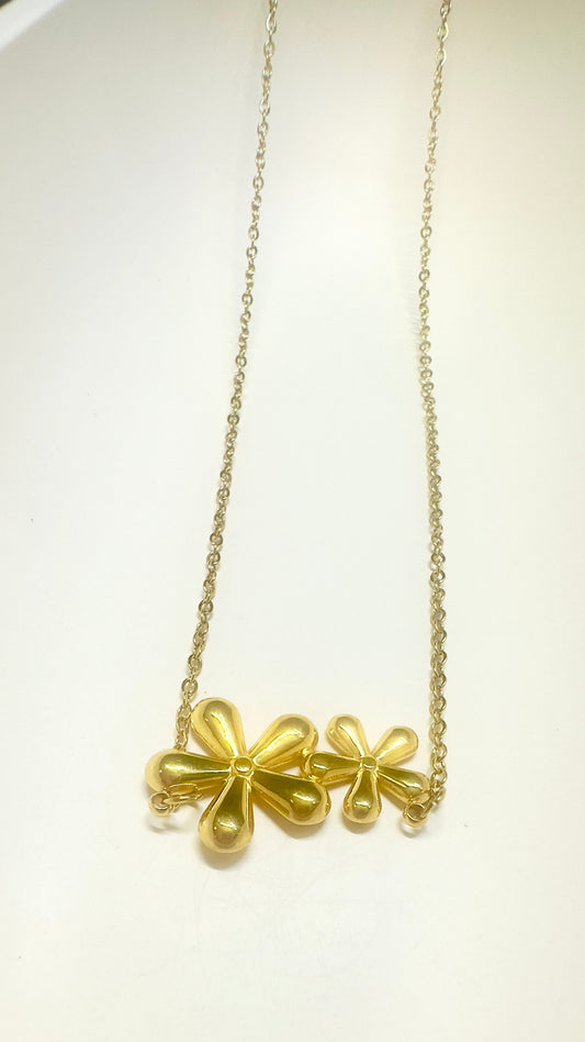 Double Flower Charm Pendant Necklace – Gold-Tone Stainless Steel
