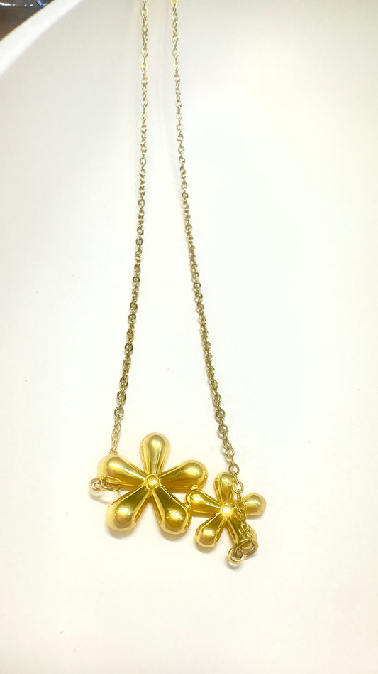 Double Flower Charm Pendant Necklace – Gold-Tone Stainless Steel