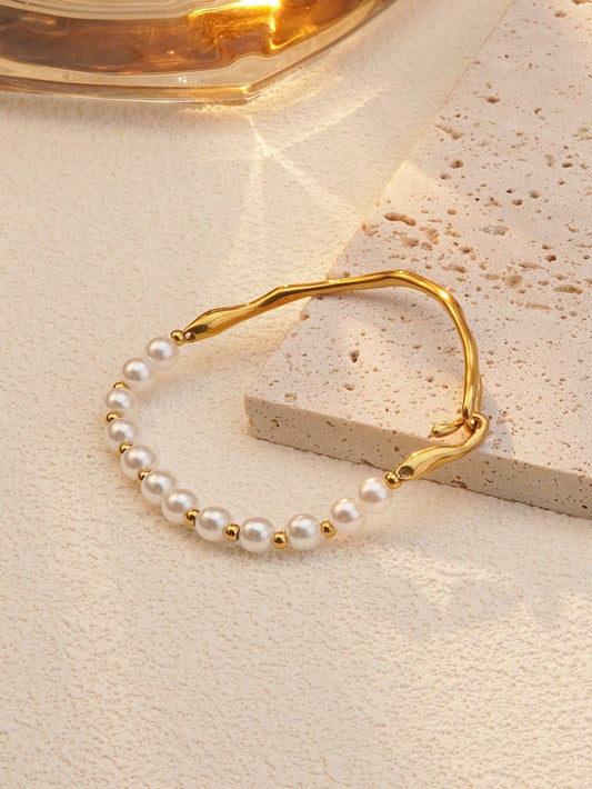 Gold Pearl Open Cuff Bracelet – Stainless Steel Minimal Bangle