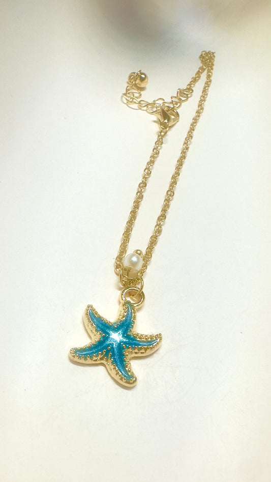 Blue Enamel Starfish Anklet – Gold Stainless Steel