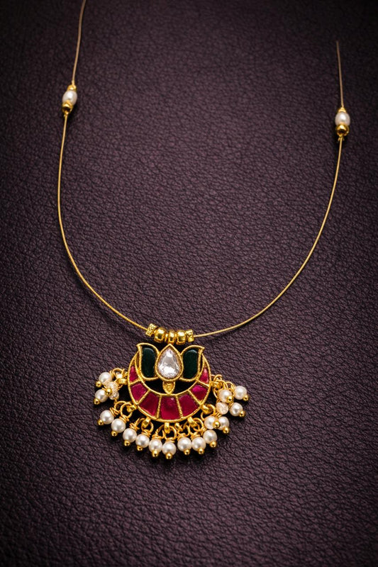 Traditional Lotus Kundan Pendant Invisible Chain Necklace with Pearl Drops