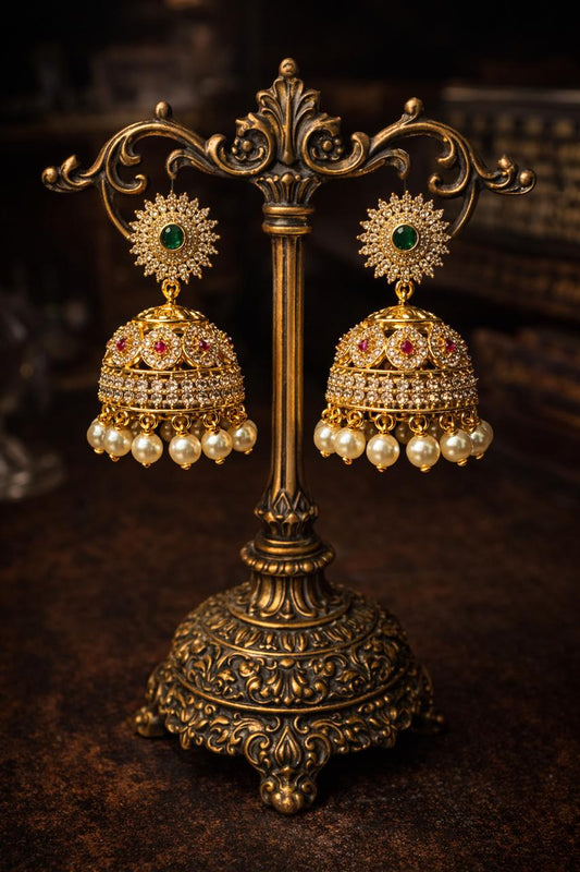 Traditional Kundan Jhumka Earrings with Pearl Drops & Green Stone Studs