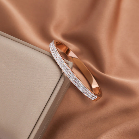 Rose Gold Double Line Crystal Bangle – Stainless Steel Bracelet