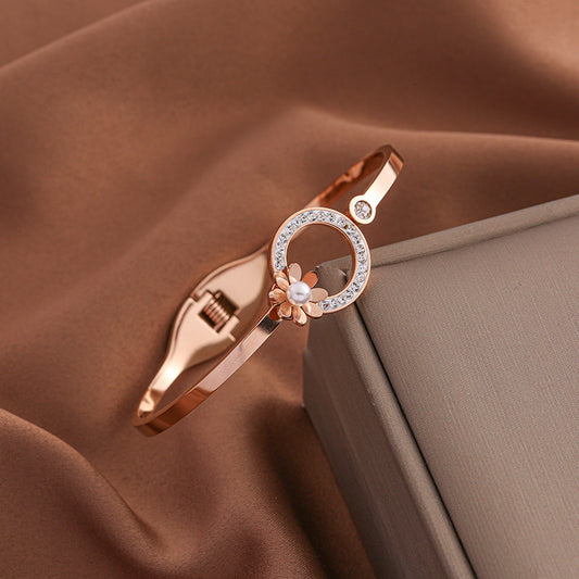 Rose Gold Floral Pearl Circle Bangle – Stainless Steel Crystal Bracelet