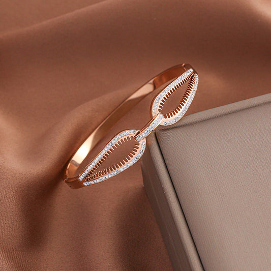Rose Gold Double Leaf Crystal Bangle – Stainless Steel Bracelet