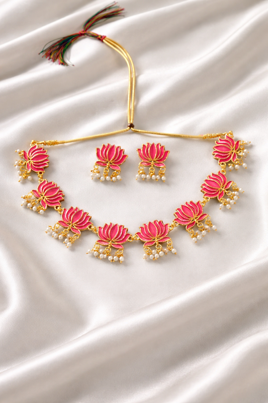 Kamala Heritage Lotus with pearl Necklace Set - Big