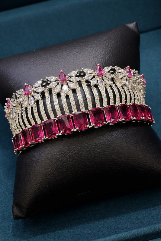 Royal Ruby Cascade Diamond-Style Bracelet – Silver-Tone Luxury Statement Cuff