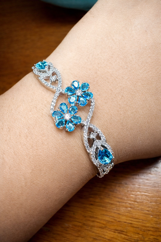 Emerald & Aqua Floral Vine Bracelet – Silver-Tone Crystal Statement Design