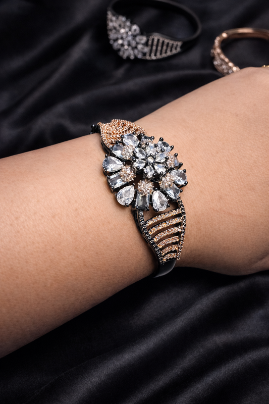 Royal Bloom Statement Bracelet – Rose Gold & Crystal Floral Cuff