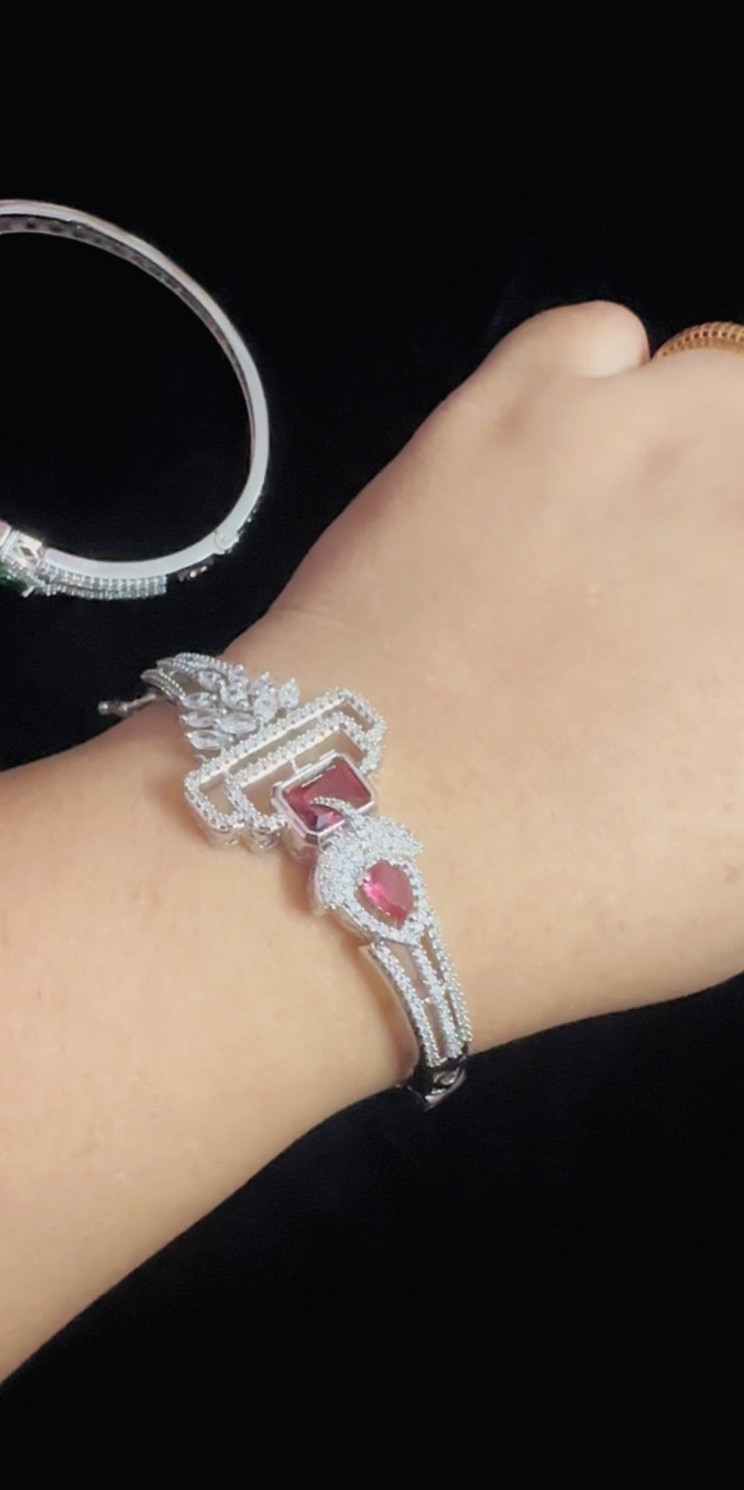 Ruby Royale Geometric Statement Bracelet – Silver-Tone Crystal Cuff