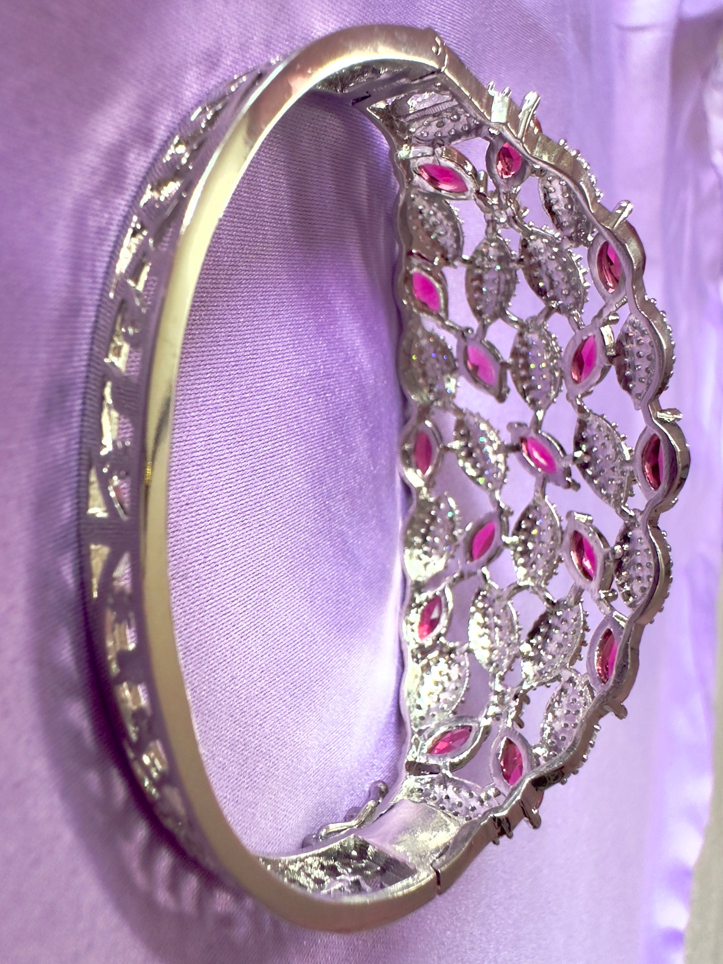 Ruby Petal Lattice Bracelet – Silver-Tone Diamond-Style Statement Cuff