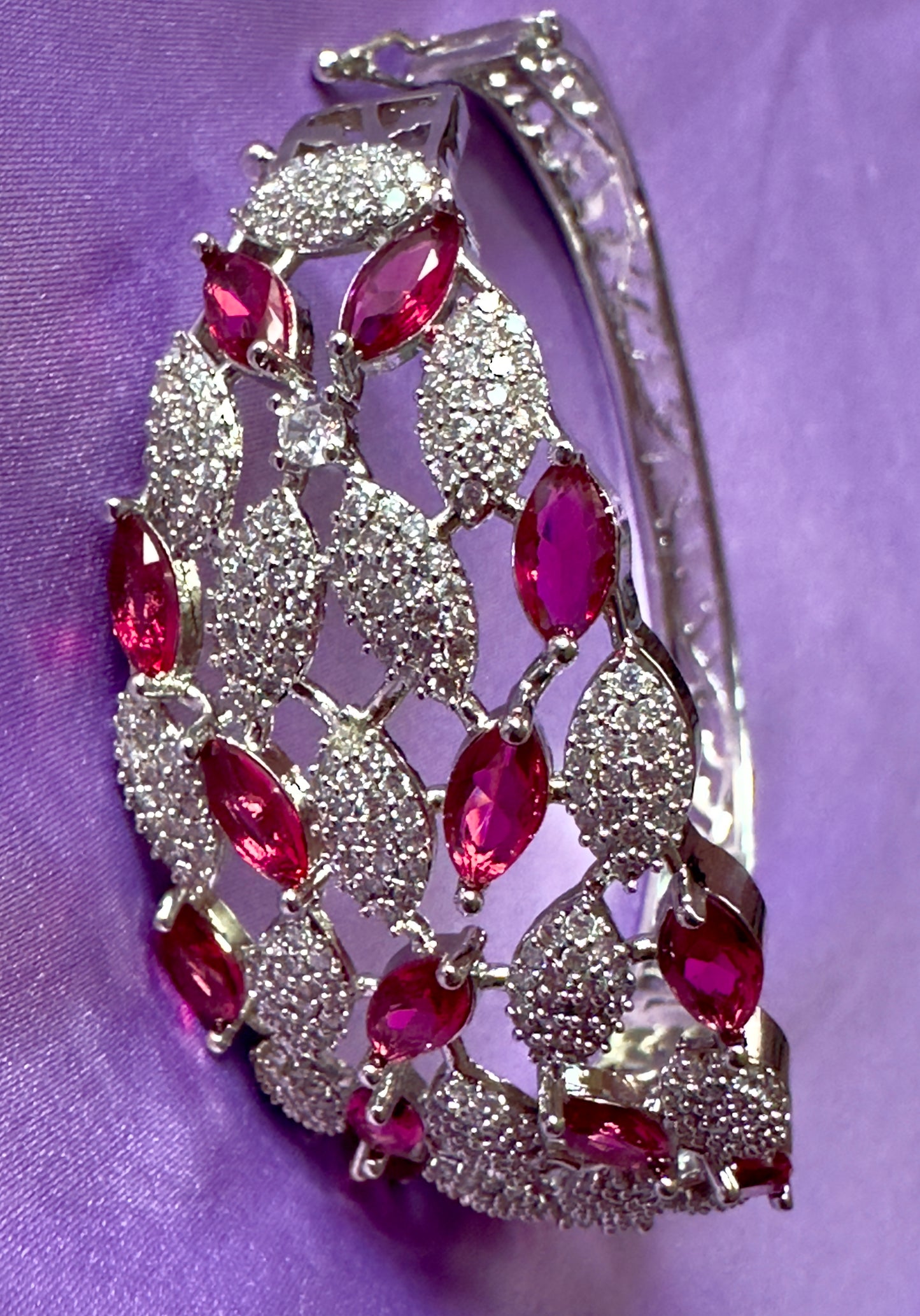 Ruby Petal Lattice Bracelet – Silver-Tone Diamond-Style Statement Cuff