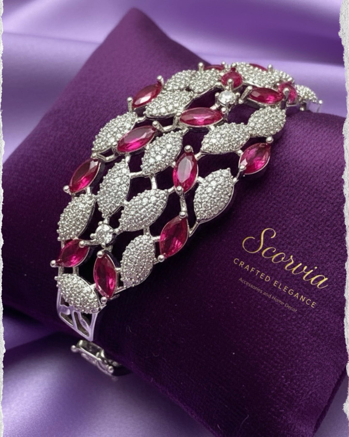 Ruby Petal Lattice Bracelet – Silver-Tone Diamond-Style Statement Cuff