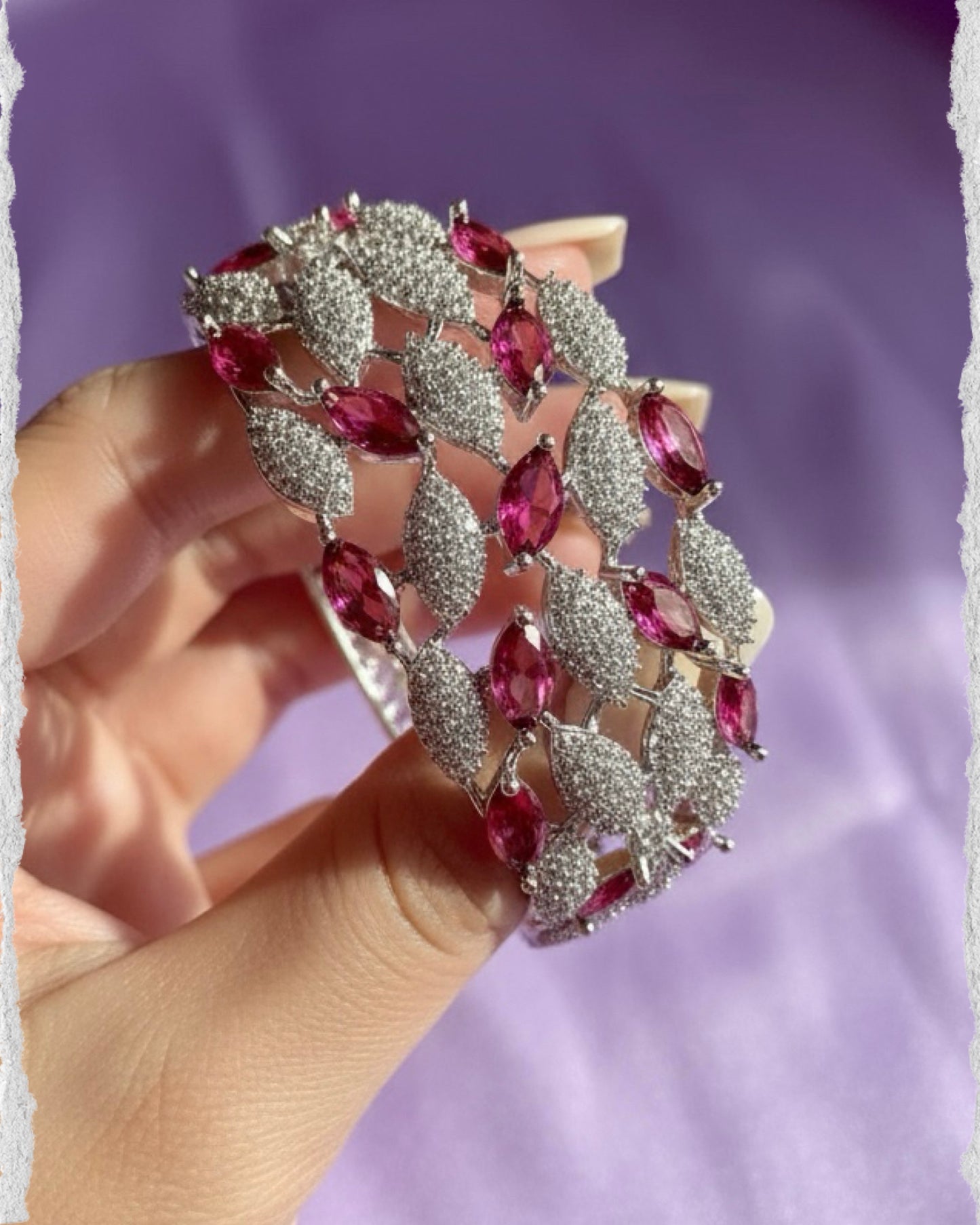 Ruby Petal Lattice Bracelet – Silver-Tone Diamond-Style Statement Cuff