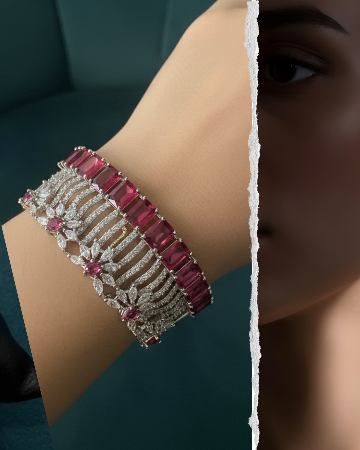 Royal Ruby Cascade Diamond-Style Bracelet – Silver-Tone Luxury Statement Cuff