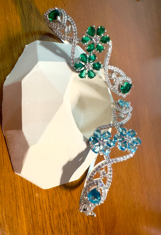 Emerald & Aqua Floral Vine Bracelet – Silver-Tone Crystal Statement Design
