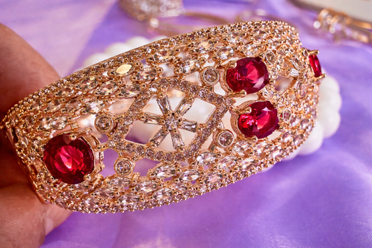 Royal Crimson Lattice Cuff Bracelet – Rose Gold Ion-Plated AD