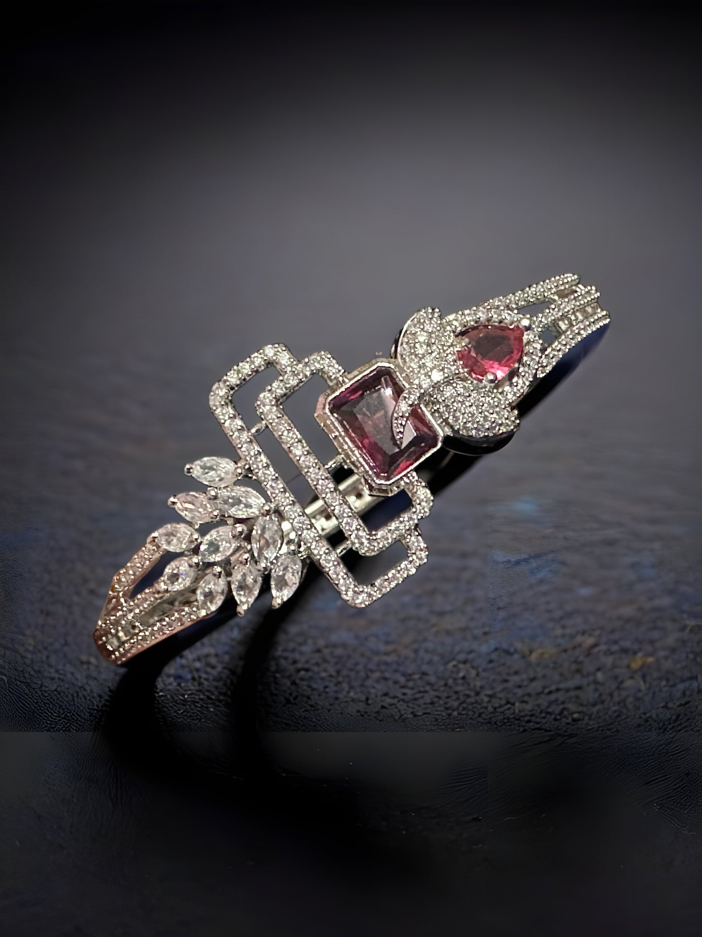 Ruby Royale Geometric Statement Bracelet – Silver-Tone Crystal Cuff