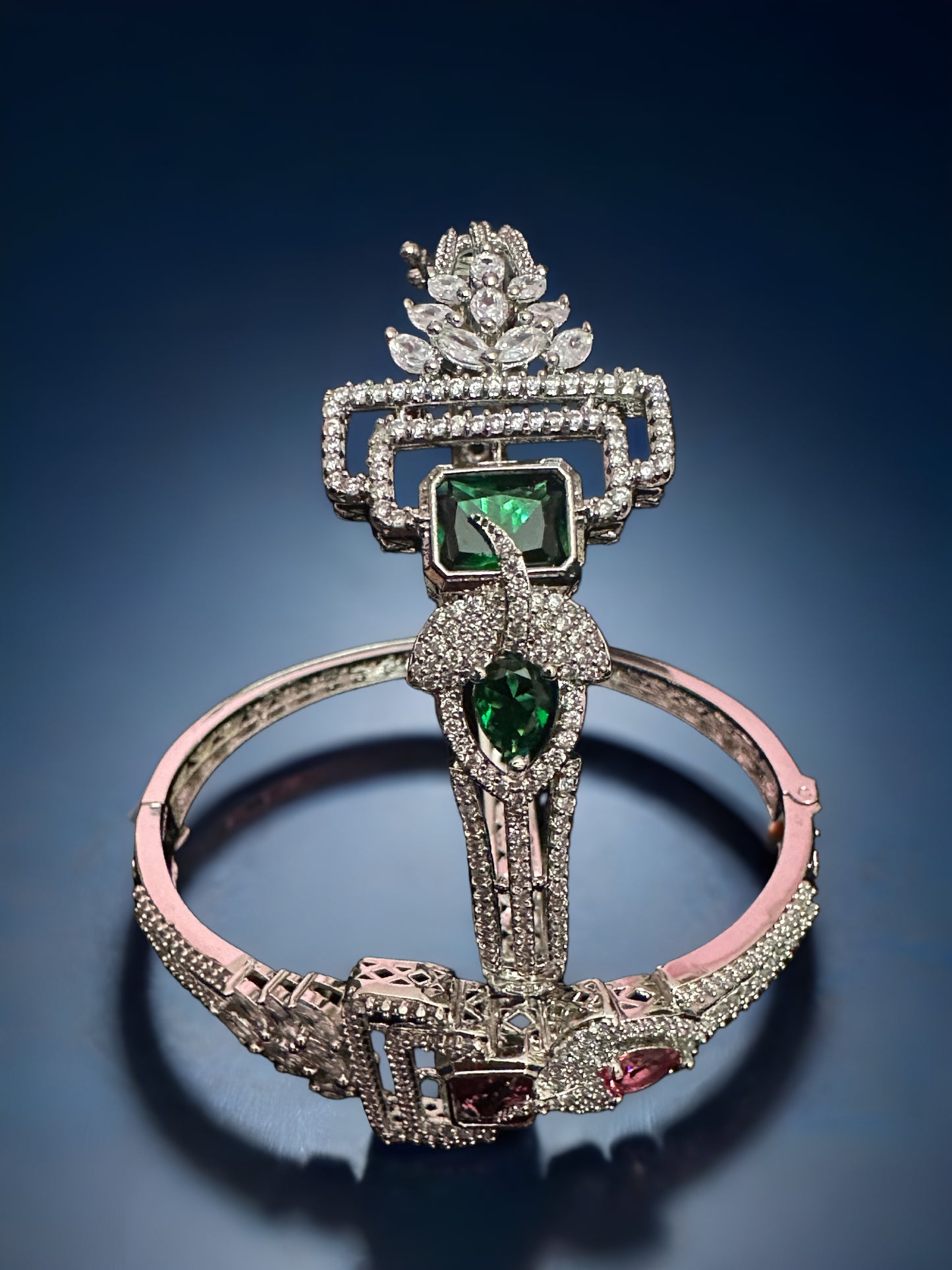 Ruby Royale Geometric Statement Bracelet – Silver-Tone Crystal Cuff