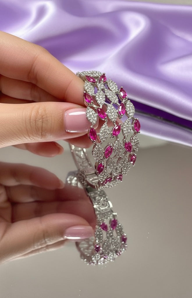 Ruby Petal Lattice Bracelet – Silver-Tone Diamond-Style Statement Cuff