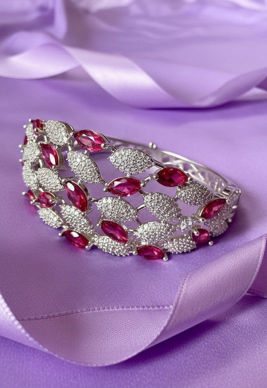 Ruby Petal Lattice Bracelet – Silver-Tone Diamond-Style Statement Cuff