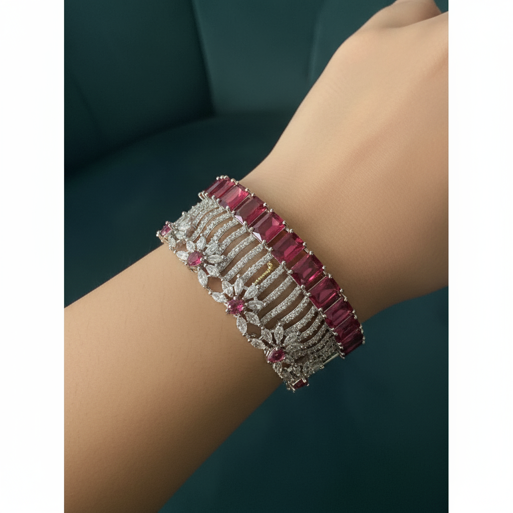 Royal Ruby Cascade Diamond-Style Bracelet – Silver-Tone Luxury Statement Cuff