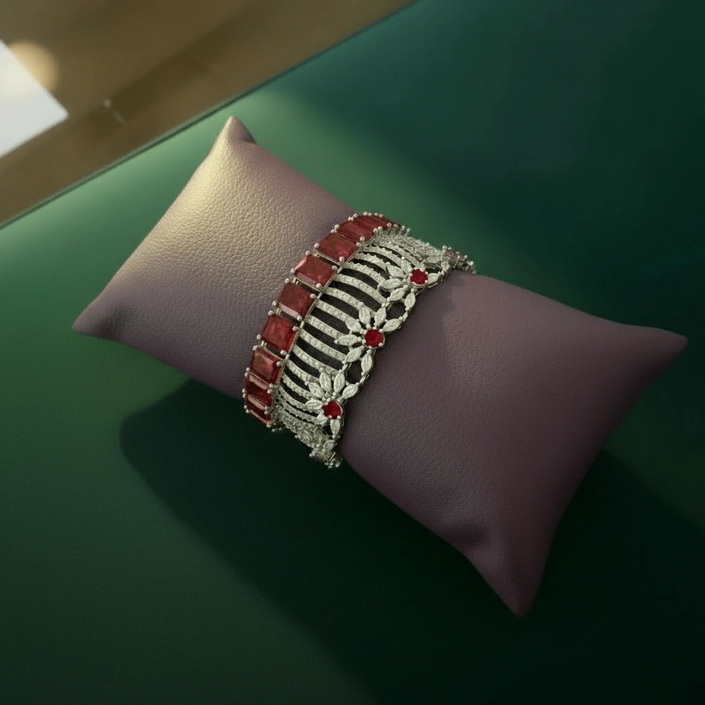 Royal Ruby Cascade Diamond-Style Bracelet – Silver-Tone Luxury Statement Cuff