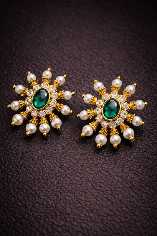 Emerald Green Floral Kundan Stud Earrings with Pearl Drops