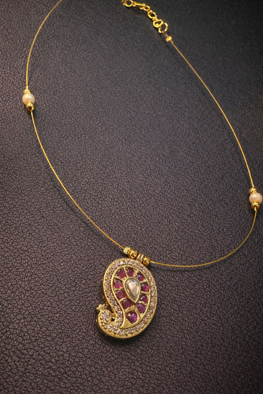 Paisley Kundan Invisible Chain Necklace with Ruby Stones