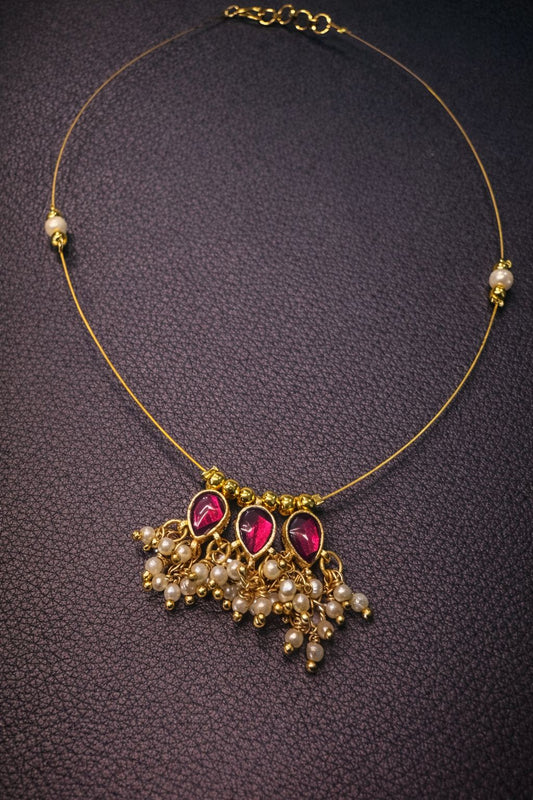 Triple Teardrop Kundan Invisible Chain Necklace with Pearl Drops