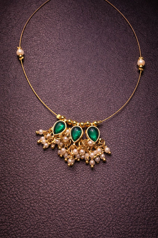 Triple Teardrop Kundan Invisible Chain Necklace with Pearl Drops