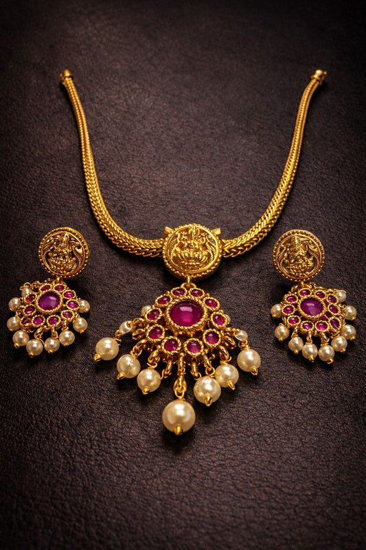 Temple-Inspired Ruby Pearl Drop Necklace Set