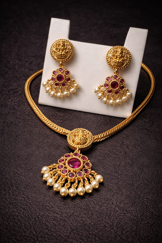 Temple-Inspired Ruby Pearl Drop Necklace Set